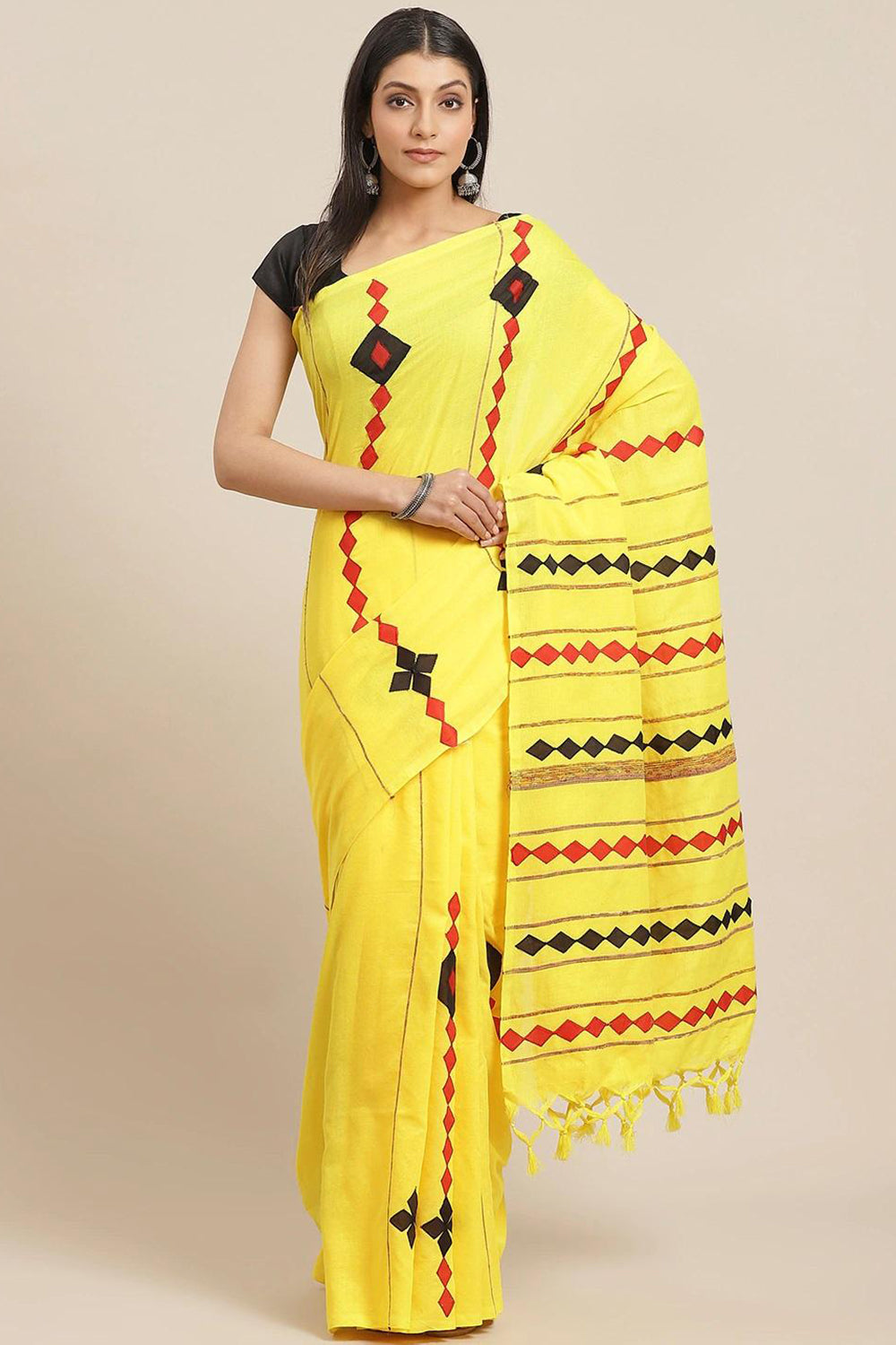 Buy Yellow Woven Cotton Blend One Minute Saree Online