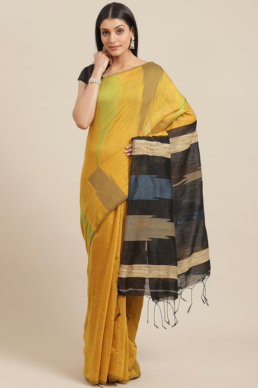 Buy Yellow Woven Cotton Silk One Minute Saree Online