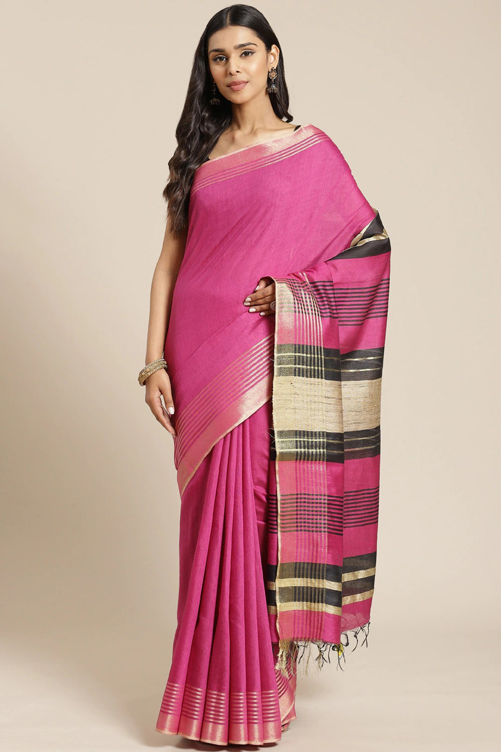 Buy Pink Woven Cotton Silk One Minute Saree Online
