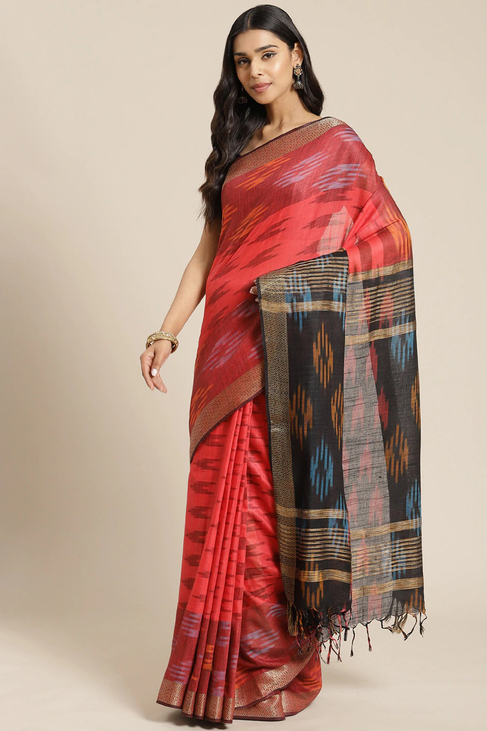 Buy Red Woven Linen One Minute Saree Online