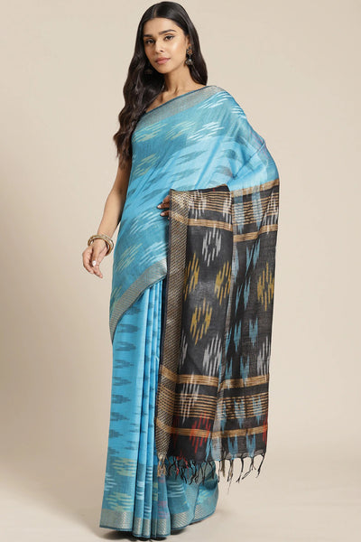 Buy Blue Woven Linen One Minute Saree Online