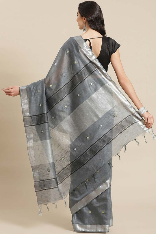 Buy Grey Zari Woven Silk Blend One Minute Saree Online - Back