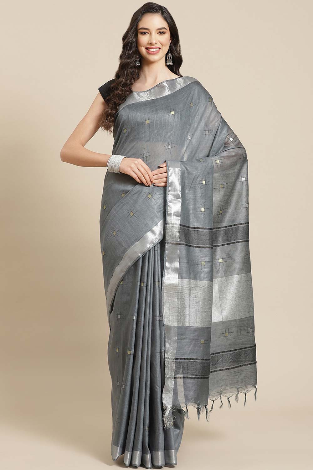 Buy Grey Zari Woven Silk Blend One Minute Saree Online