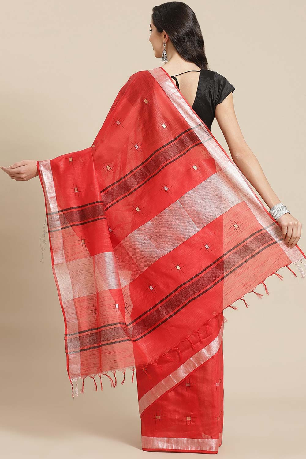 Buy Red Zari Woven Silk Blend One Minute Saree Online - Back