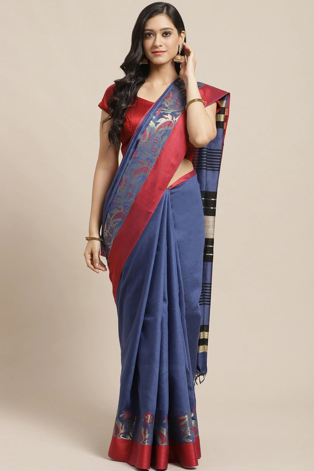 Buy Blue Woven Cotton Silk One Minute Saree