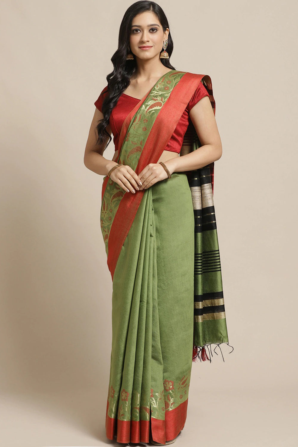 Buy Green Woven Cotton Silk One Minute Saree