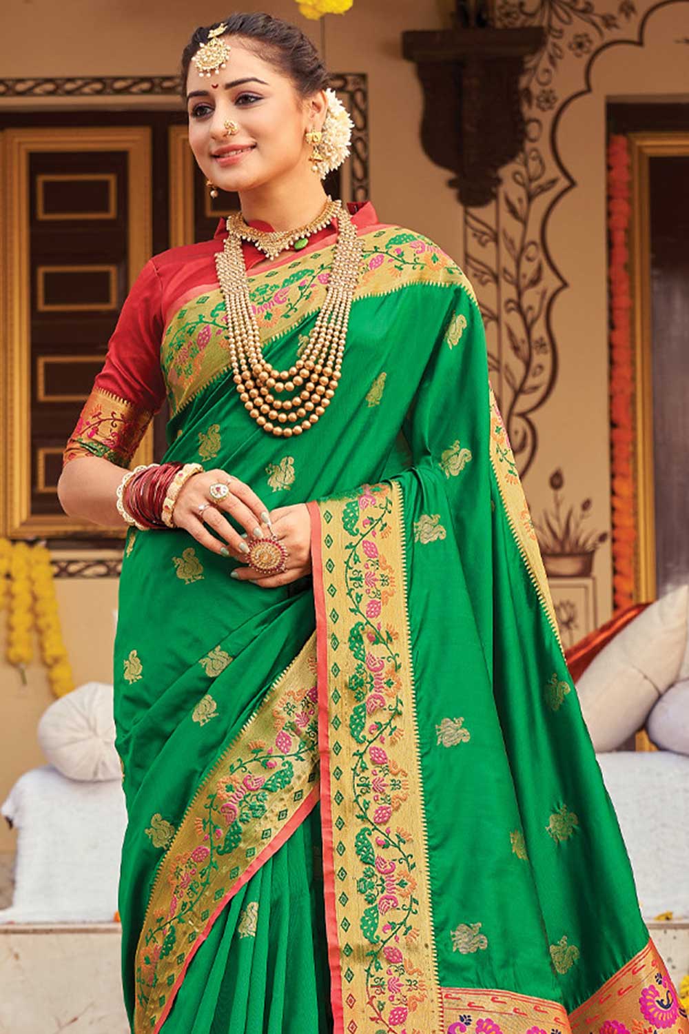 Durga Green Paithani Art Silk One Minute Saree