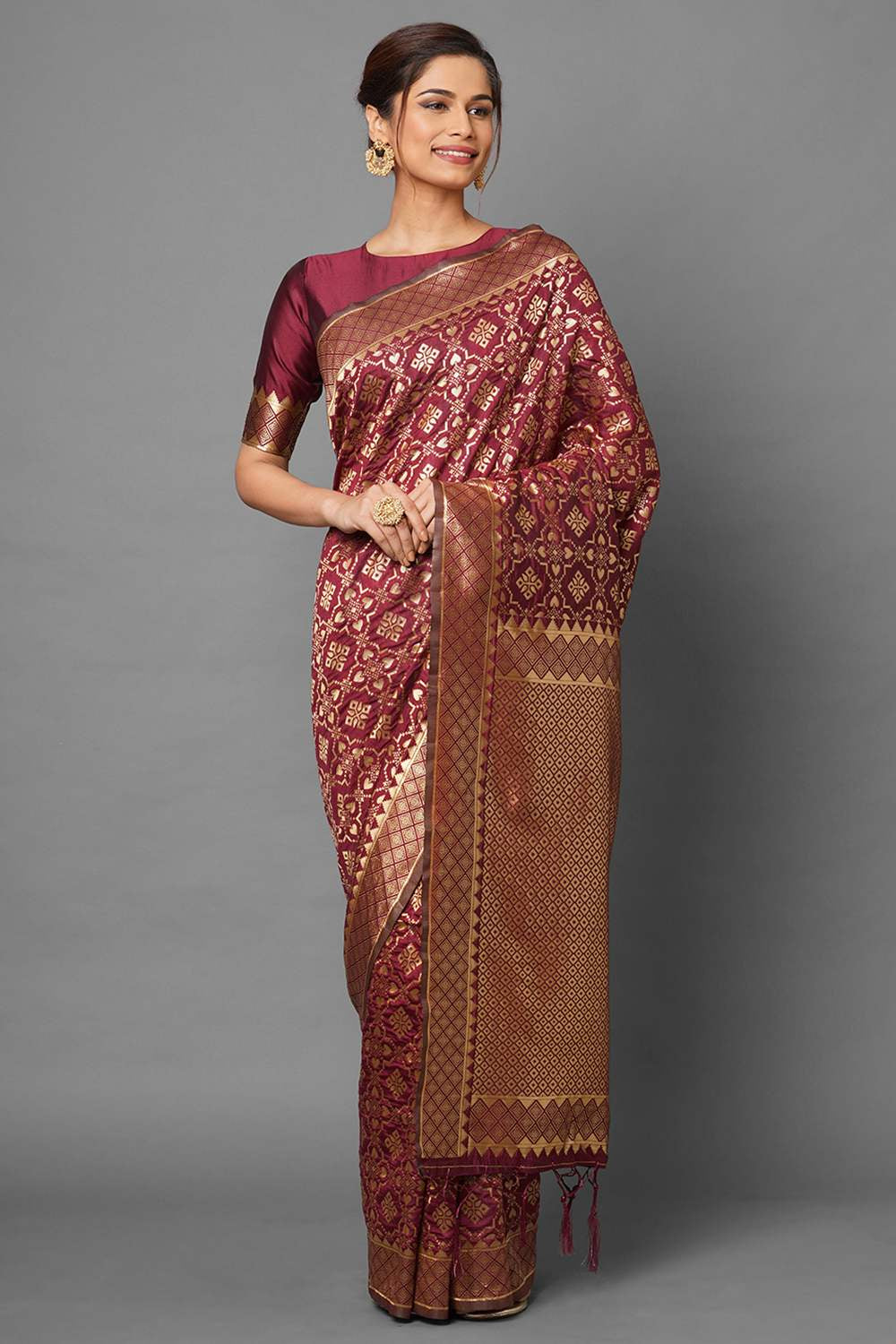 Buy Women's Brown Zari Silk Blend One Minute Saree