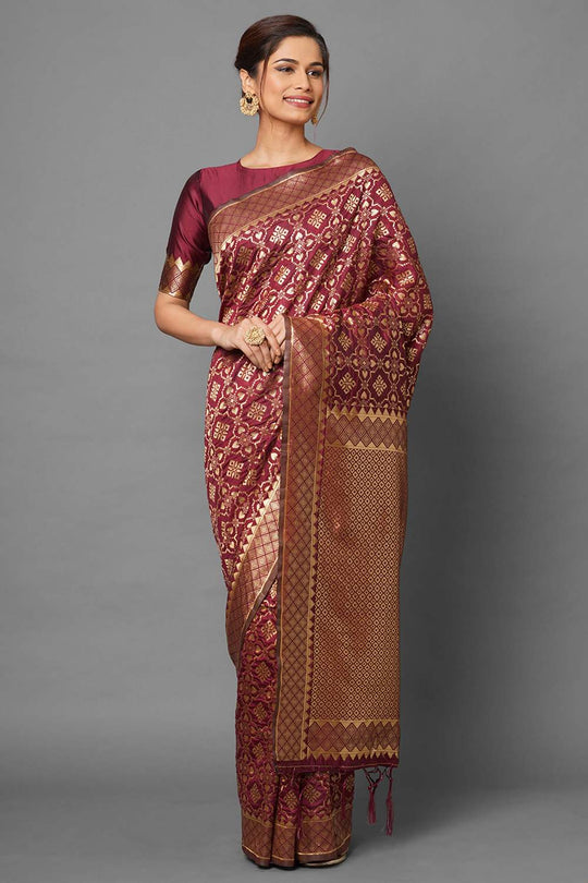 Buy Women's Brown Zari Silk Blend One Minute Saree