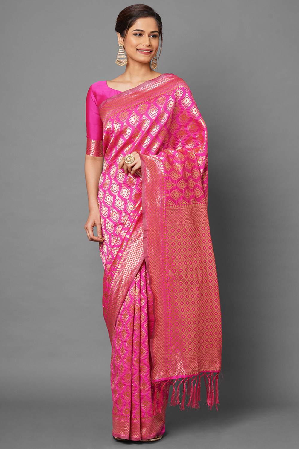 Buy Women's Pink Zari Silk Blend One Minute Saree
