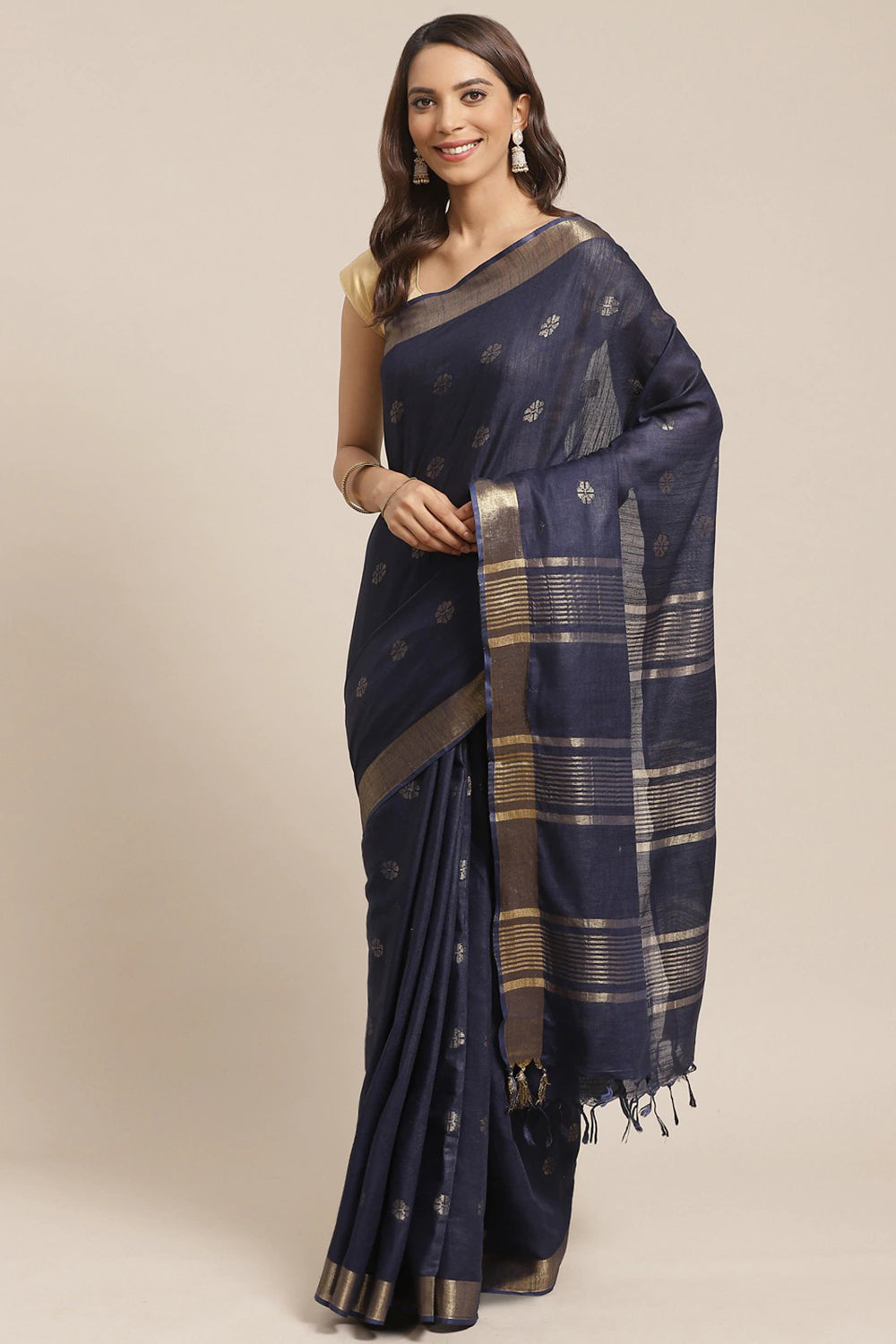 Buy Blue Woven Linen One Minute Saree