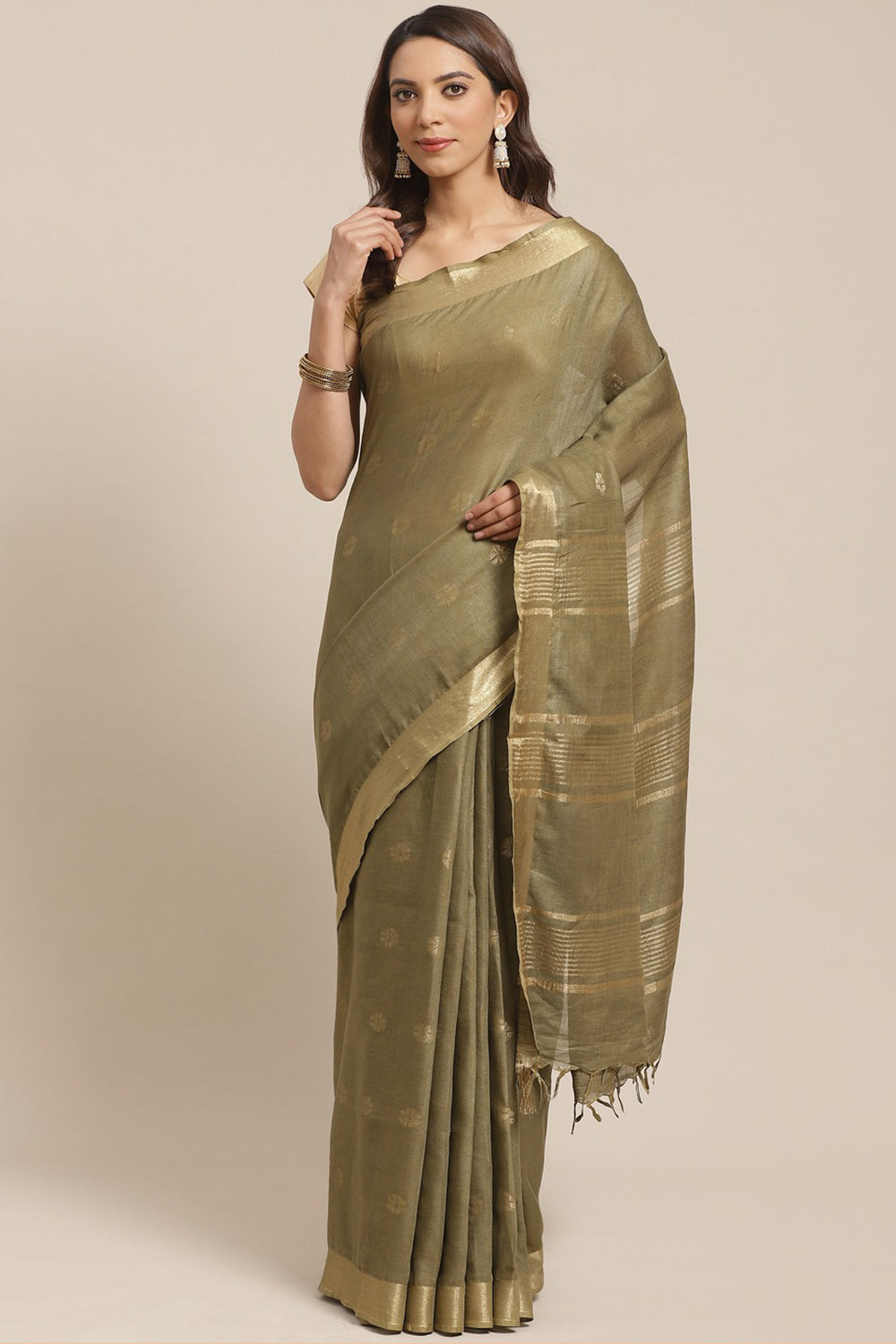 Buy Olive Woven Linen One Minute Saree