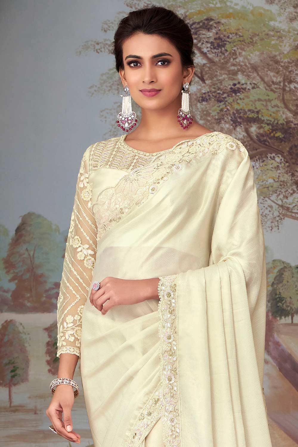 Buy Cream Satin Silk Embellished One Minute Saree Online - Front