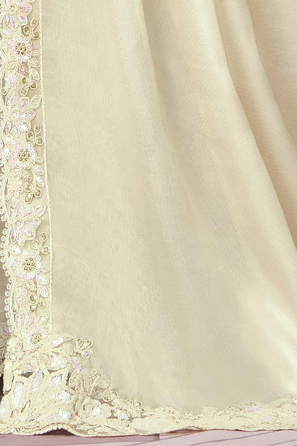 Buy Cream Satin Silk Embellished One Minute Saree Online - Side