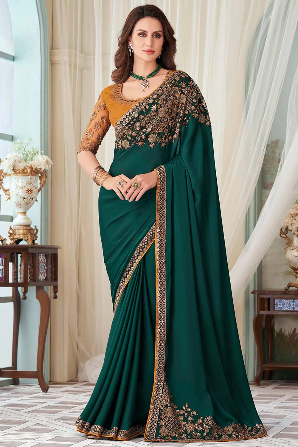 Buy Teal blue Satin Silk Embellished One Minute Saree Online
