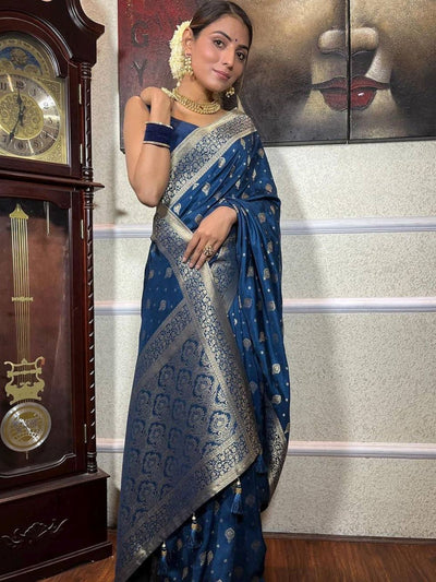 Brina Blue Silk Blend Banarasi One Minute Saree