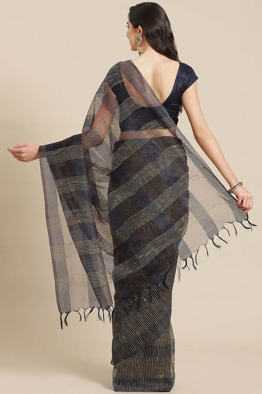 Buy Navy Blue Woven Art Silk One Minute Saree Online - Back