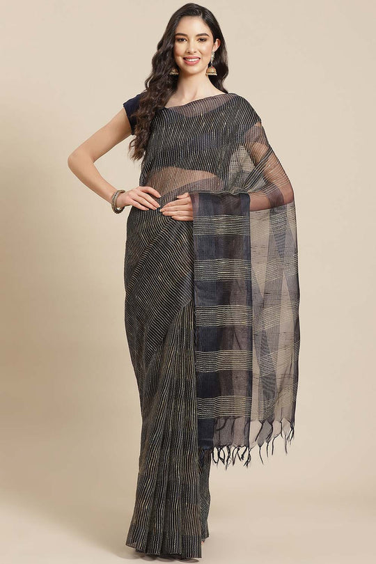 Buy Navy Blue Woven Art Silk One Minute Saree Online