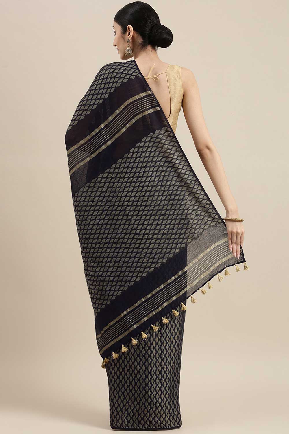 Buy Navy Blue Zari Woven Silk Blend One Minute Saree Online - Back