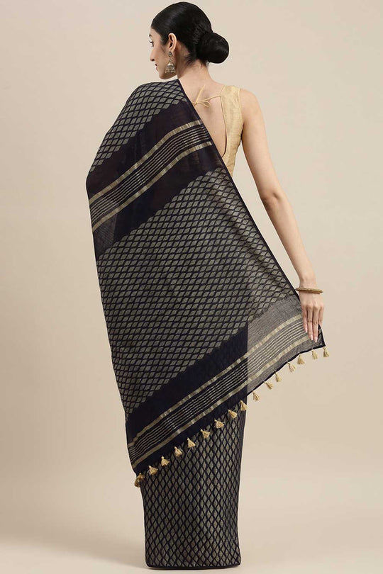 Buy Navy Blue Zari Woven Silk Blend One Minute Saree Online - Back