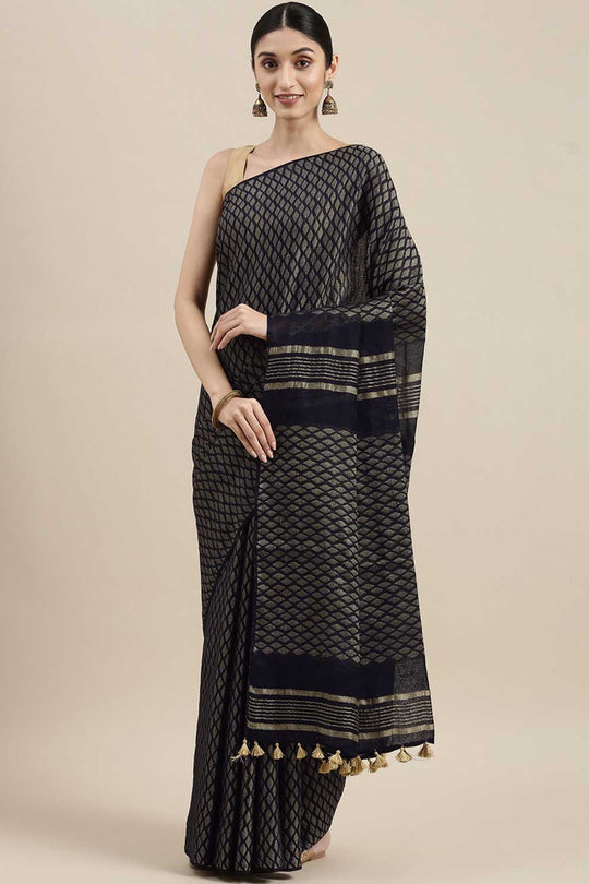 Buy Navy Blue Zari Woven Silk Blend One Minute Saree Online