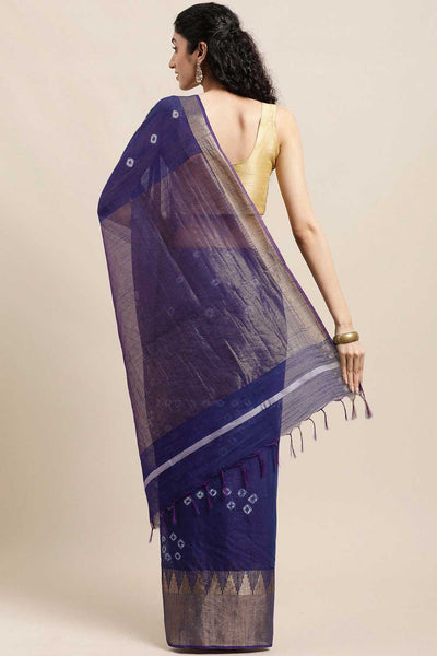 Buy Navy Blue Zari Woven Blended Silk One Minute Saree Online - Back