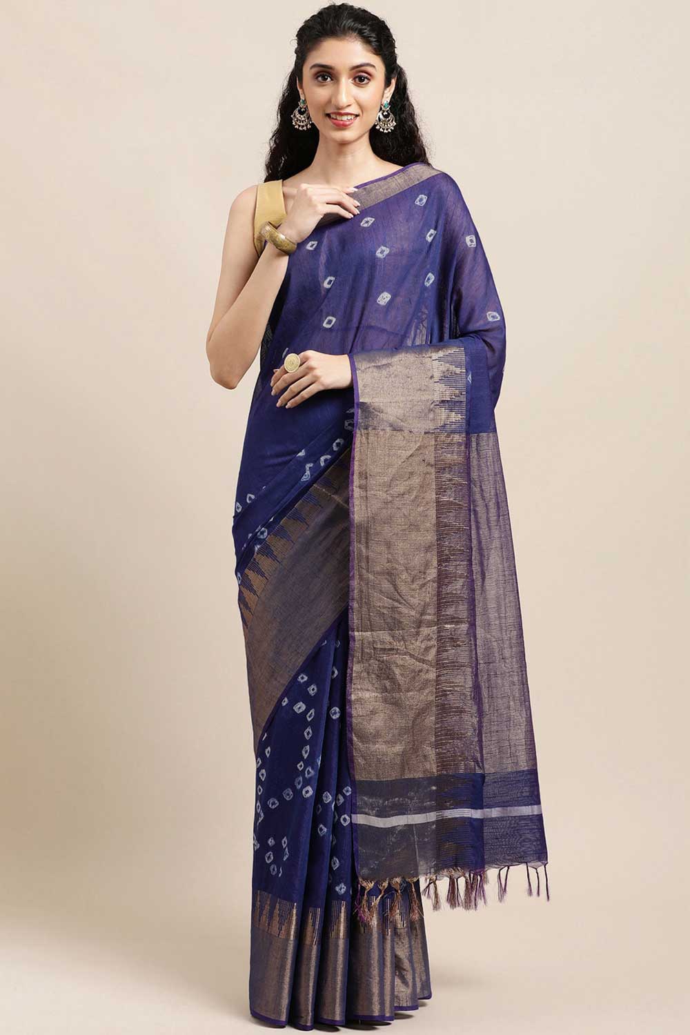 Buy Navy Blue Zari Woven Blended Silk One Minute Saree Online