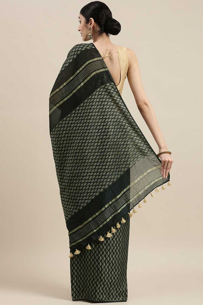 Buy Green Zari Woven Silk Blend One Minute Saree Online - Back