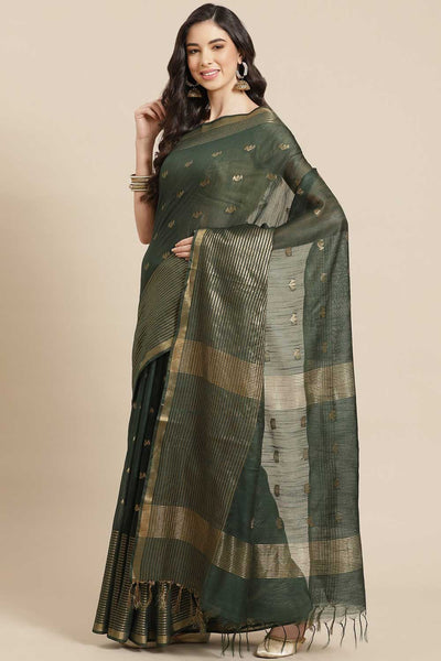 Buy Green Zari Woven Blended Silk One Minute Saree Online
