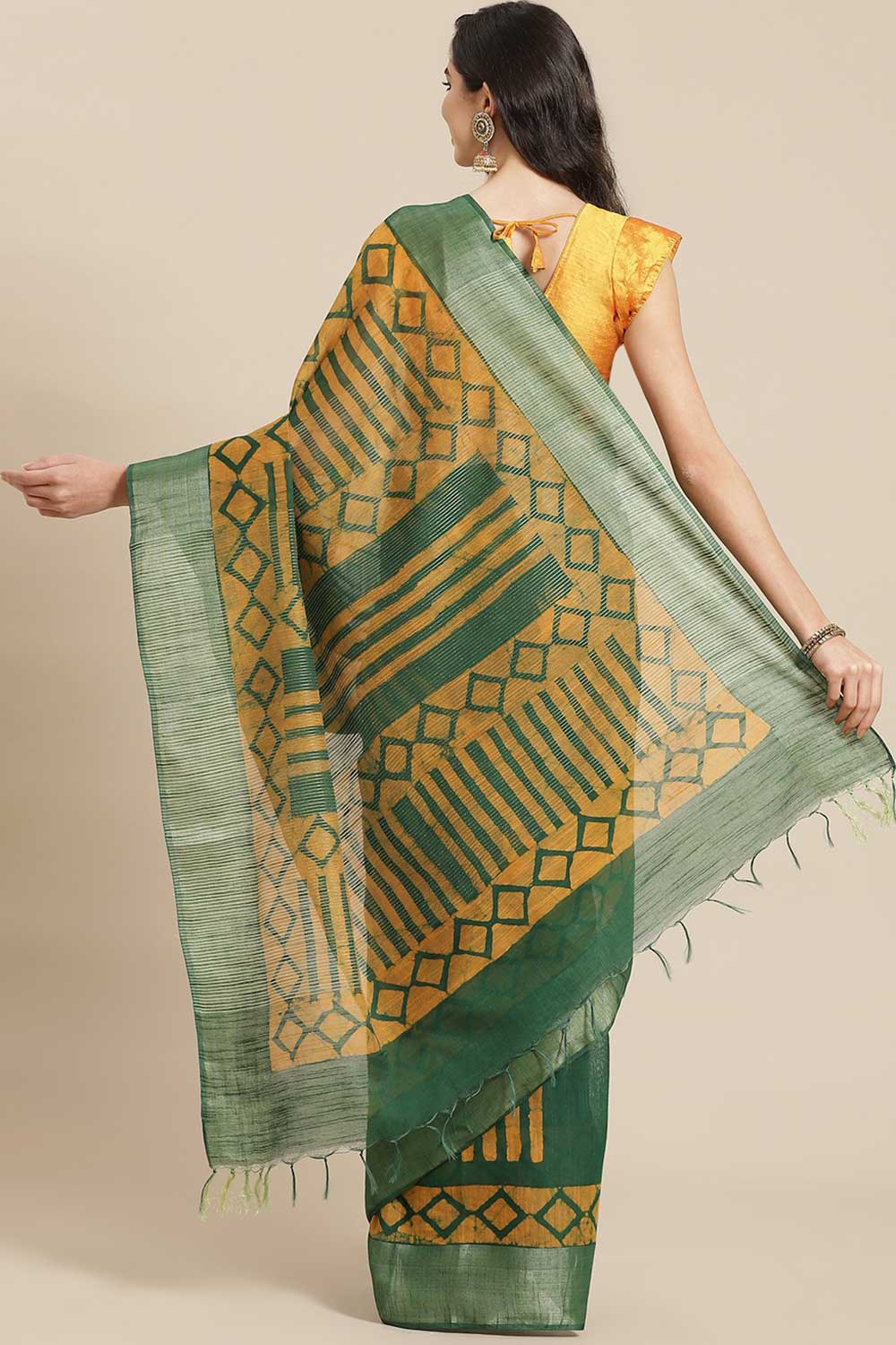Buy Green Batik Printed Silk Blend One Minute Saree Online - Back