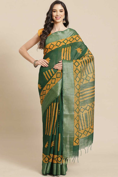 Buy Green Batik Printed Silk Blend One Minute Saree Online