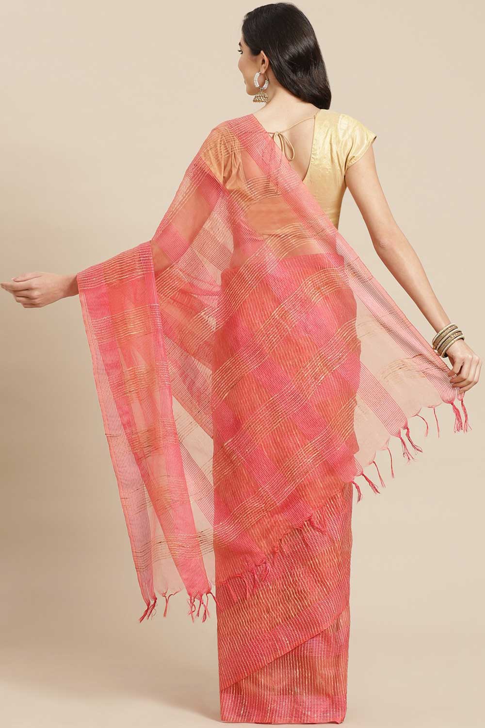 Buy Peach Woven Art Silk One Minute Saree Online - Back