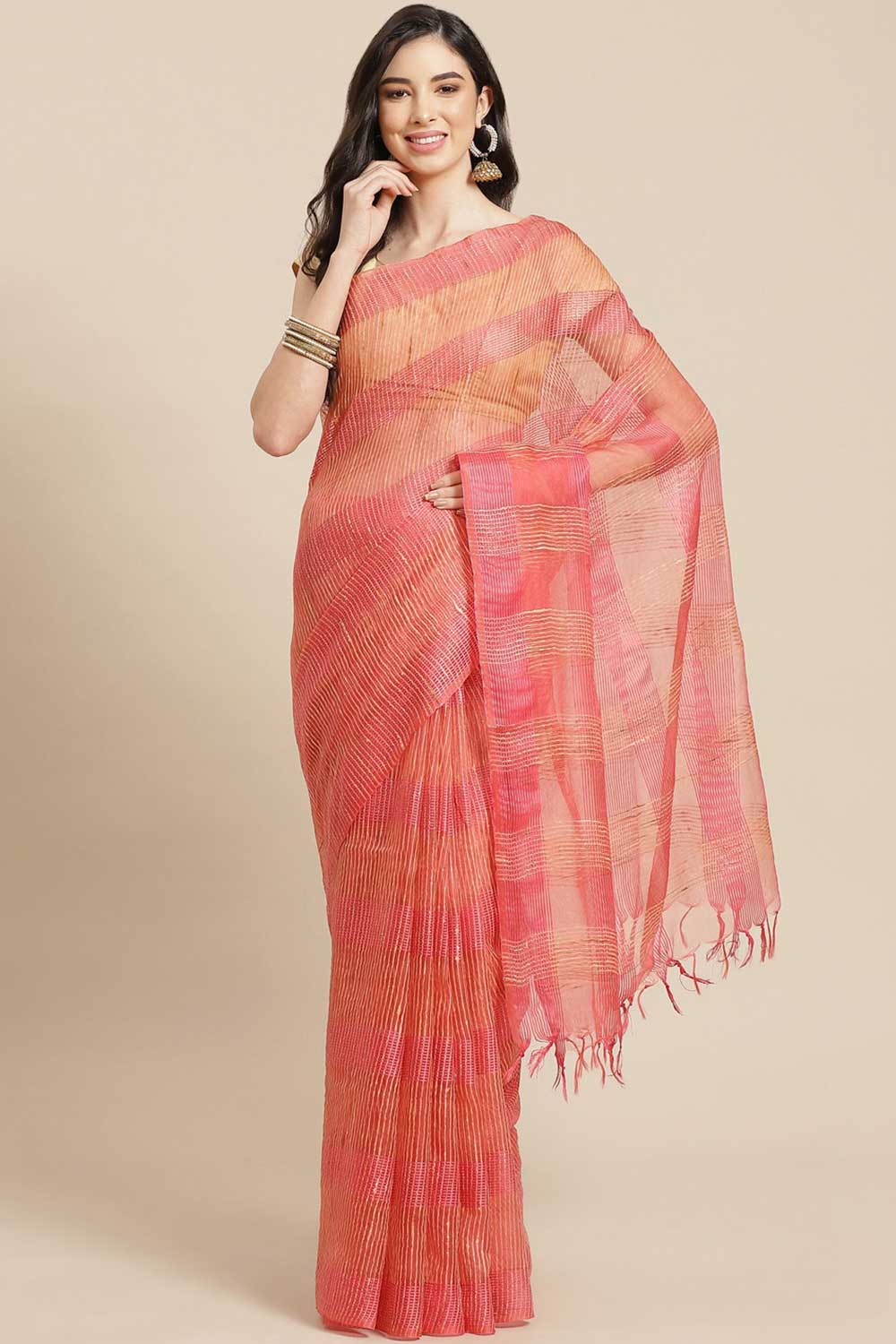 Buy Peach Woven Art Silk One Minute Saree Online