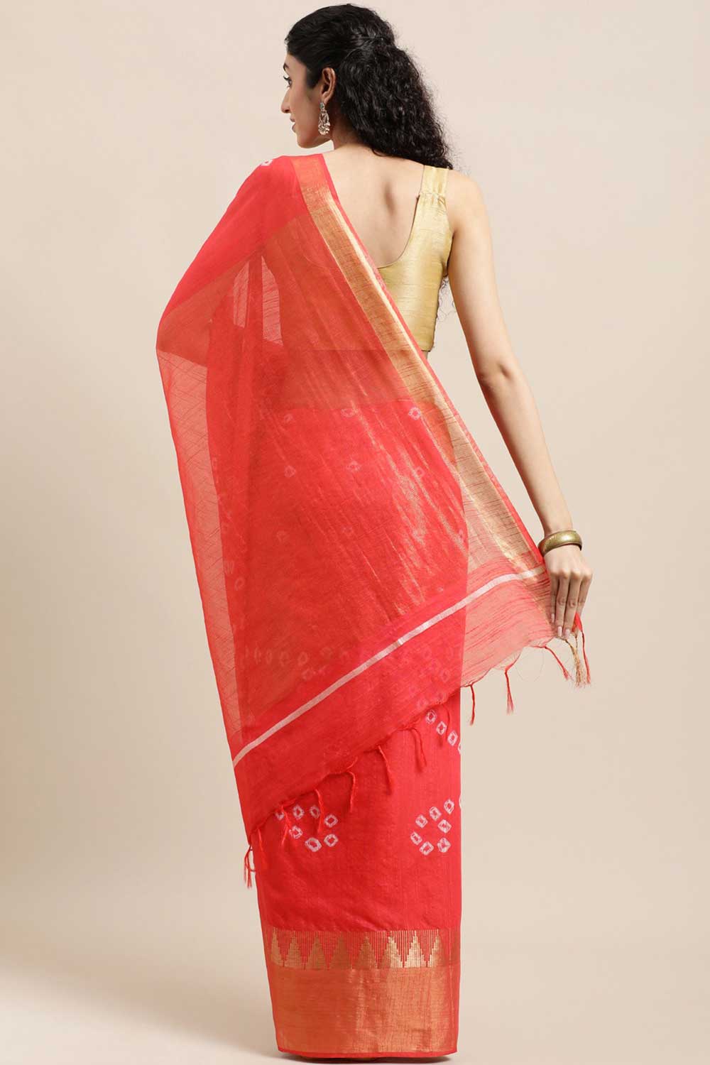 Buy Peach Zari Woven Blended Silk One Minute Saree Online - Back