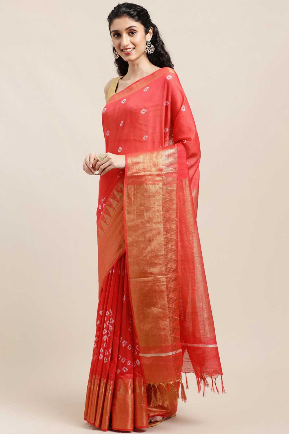 Buy Peach Zari Woven Blended Silk One Minute Saree Online