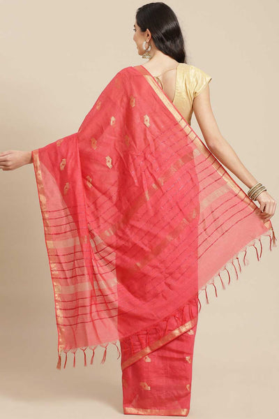 Buy Peach Zari Woven Blended Silk One Minute Saree Online - Back