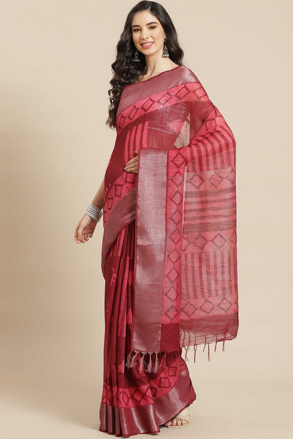 Buy Maroon Batik Printed Silk Blend One Minute Saree Online