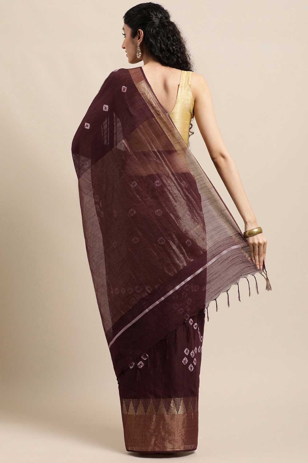 Buy Dark Brown Zari Woven Blended Silk One Minute Saree Online - Back