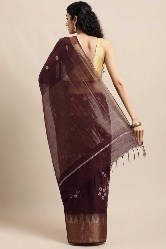 Buy Dark Brown Zari Woven Blended Silk One Minute Saree Online - Back