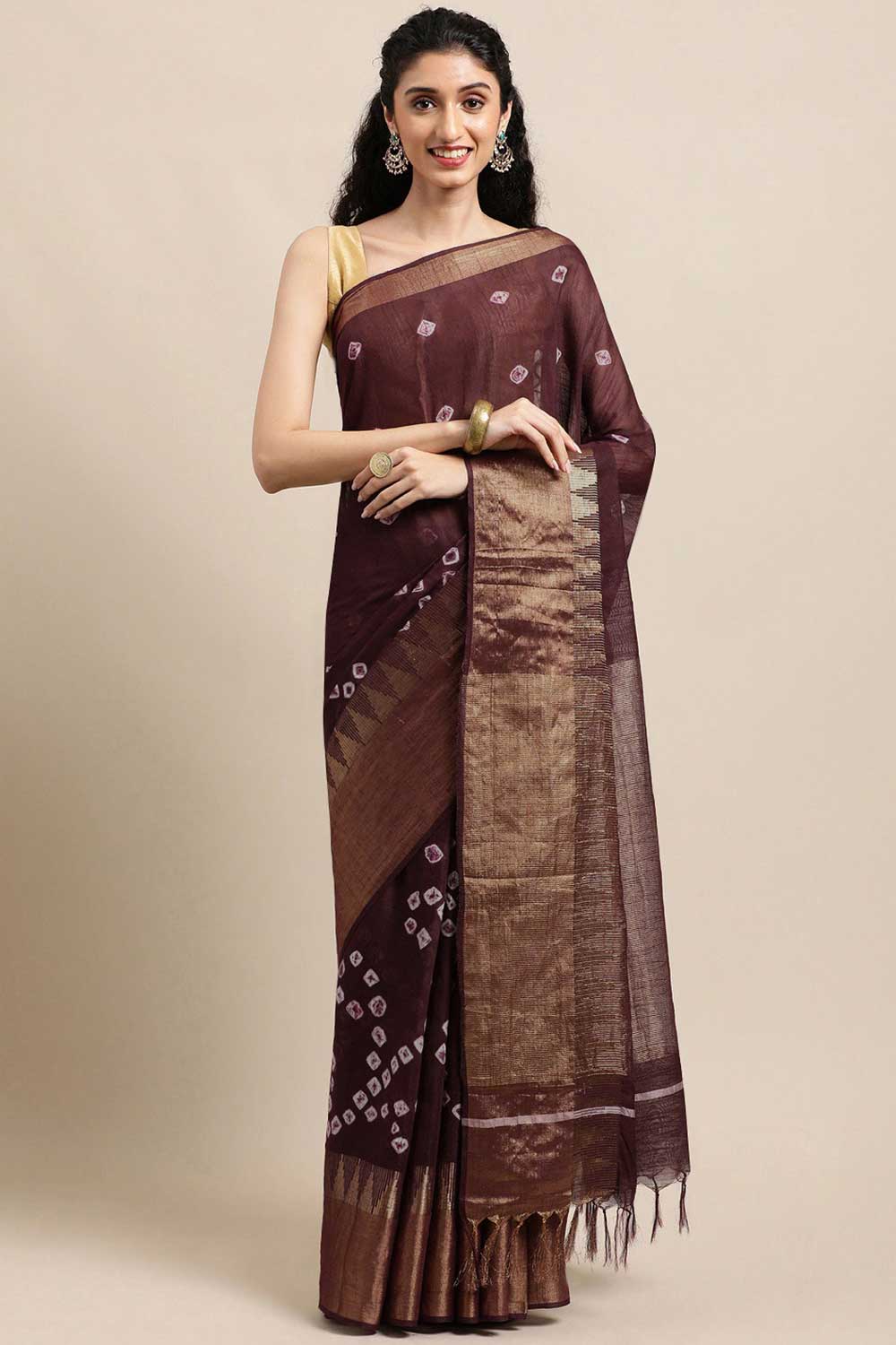 Buy Dark Brown Zari Woven Blended Silk One Minute Saree Online
