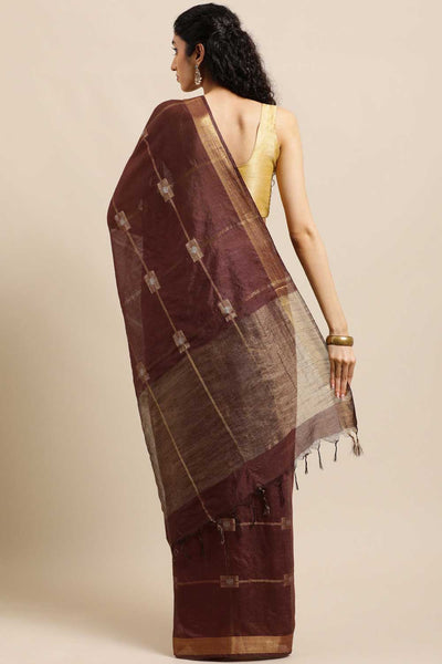 Buy Brown Zari Woven Blended Silk One Minute Saree Online - Back