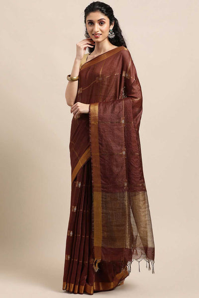 Buy Brown Zari Woven Blended Silk One Minute Saree Online
