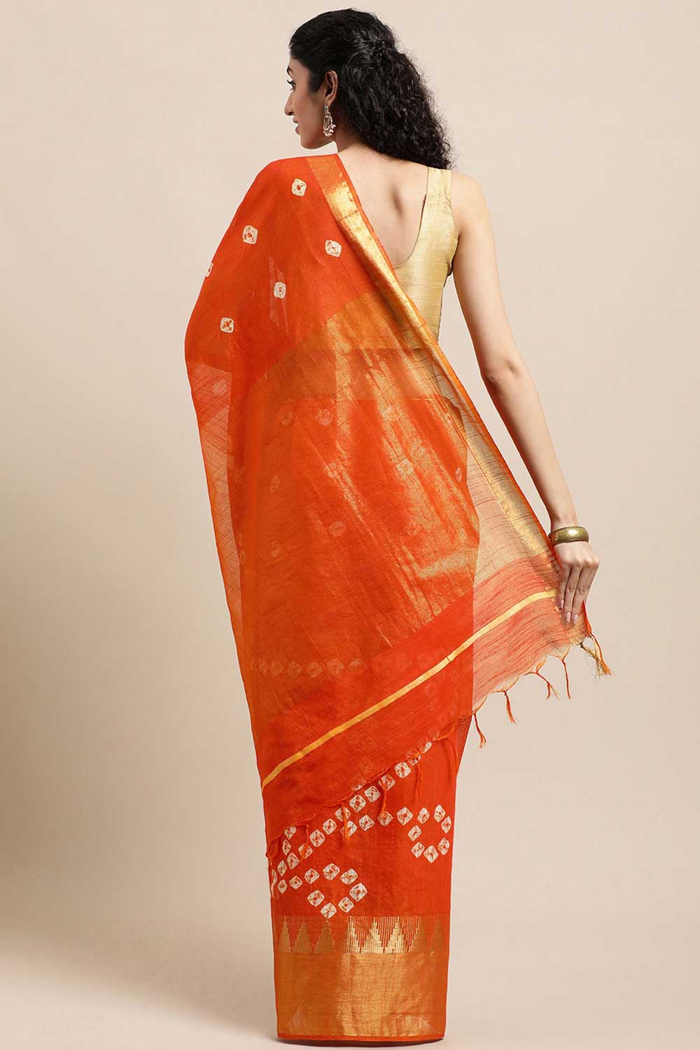 Buy Orange Zari Woven Blended Silk One Minute Saree Online - Back