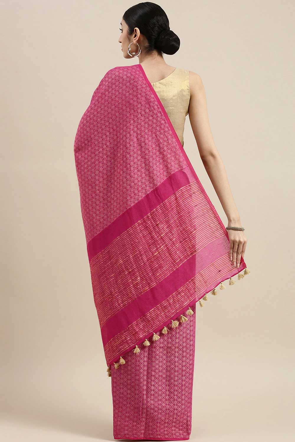 Buy Pink Zari Woven Silk Blend One Minute Saree Online - Back