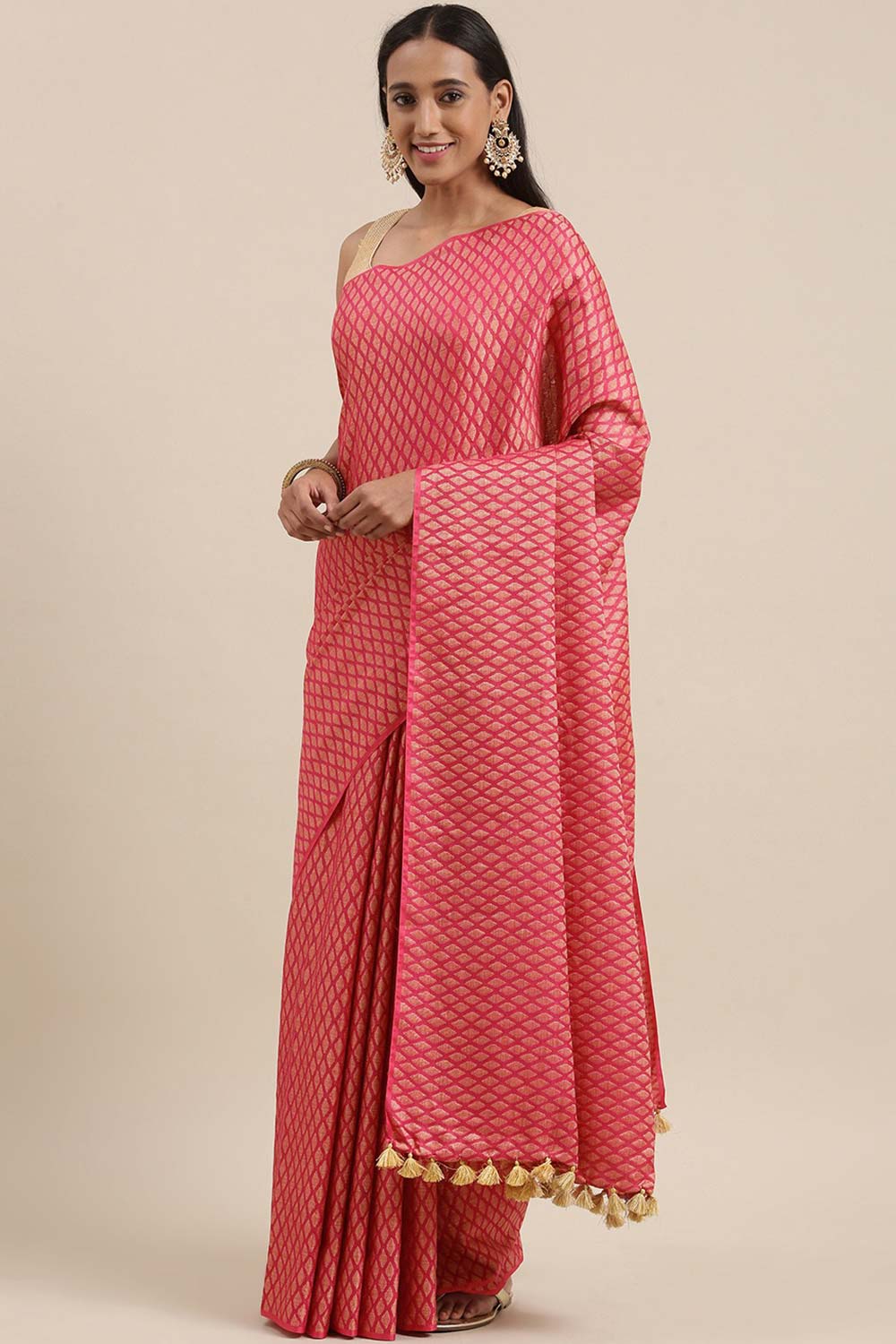 Jeera Pink Silk Blend Woven One Minute Saree