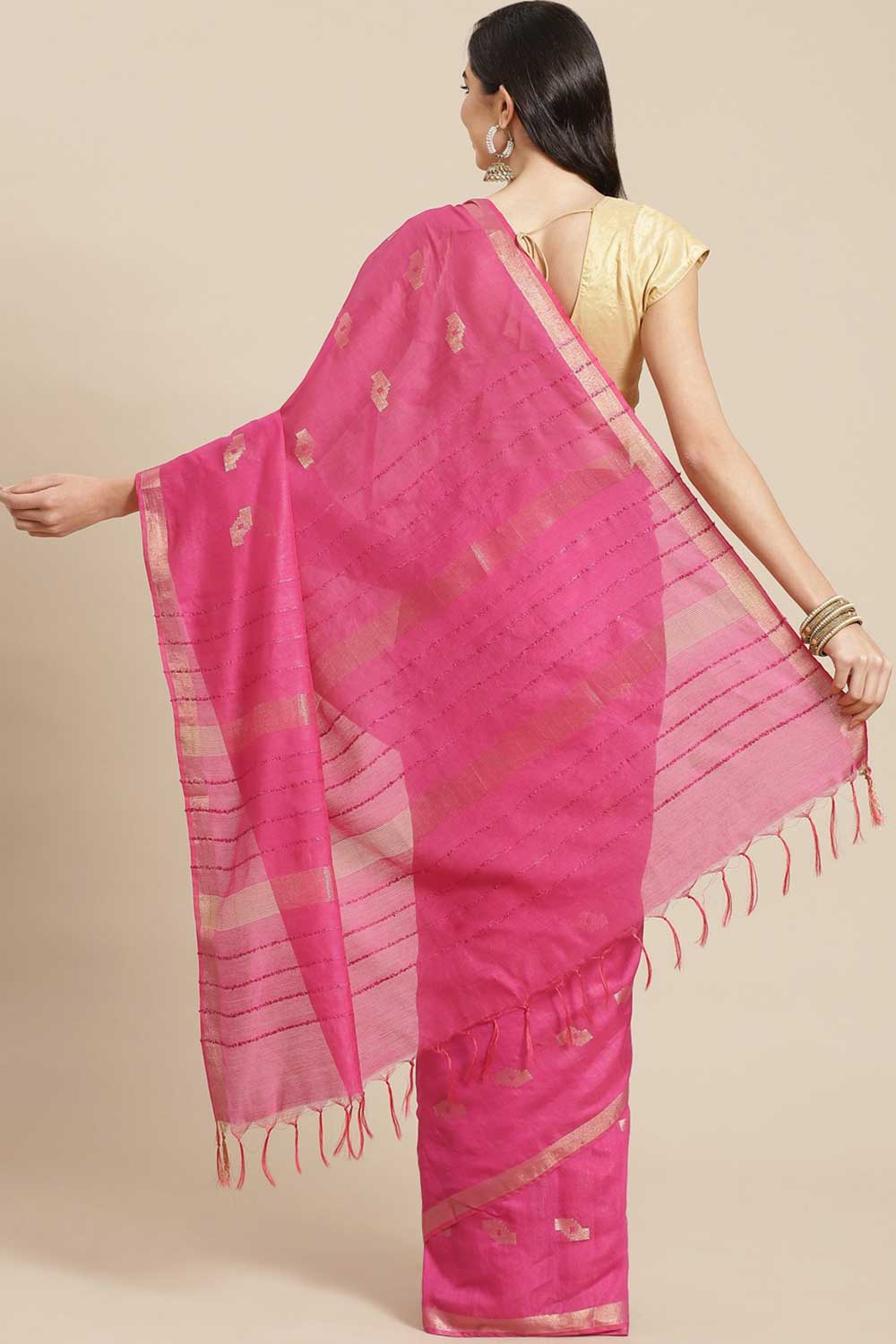 Buy Pink Zari Woven Blended Silk One Minute Saree Online - Back