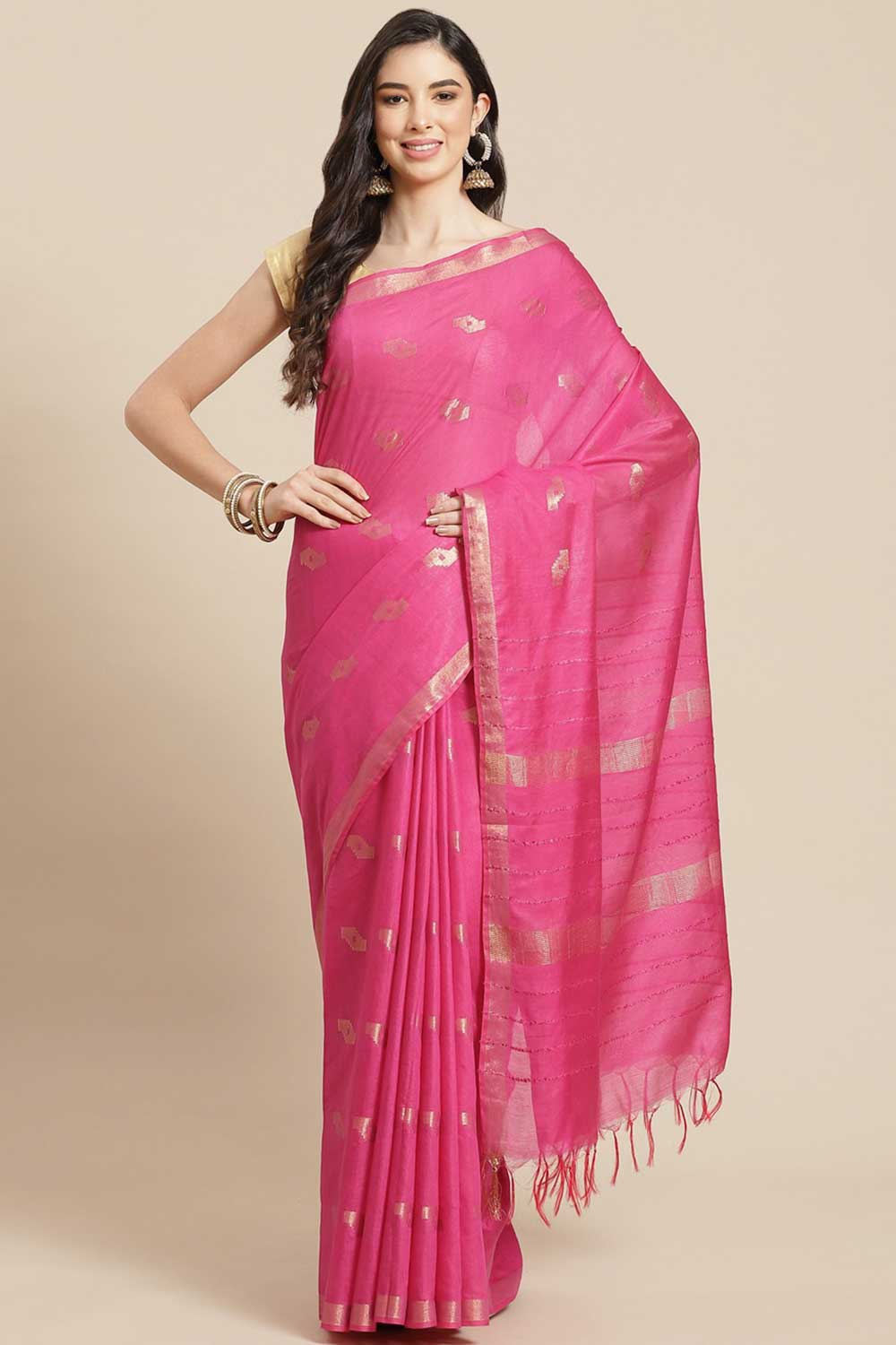 Buy Pink Zari Woven Blended Silk One Minute Saree Online