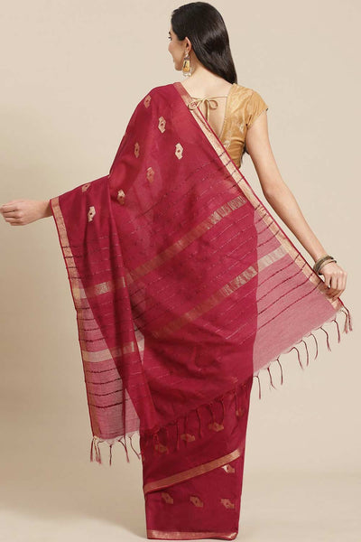 Buy Maroon Zari Woven Blended Silk One Minute Saree Online - Back