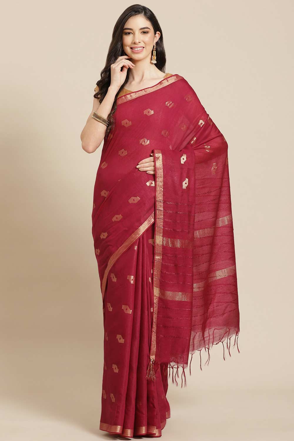 Buy Maroon Zari Woven Blended Silk One Minute Saree Online