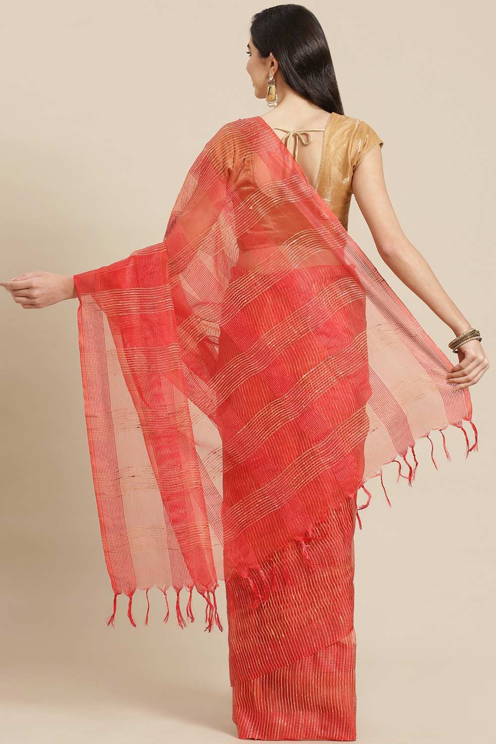 Buy Red Woven Art Silk One Minute Saree Online - Back